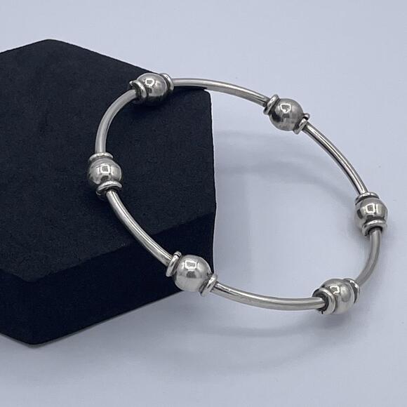 Mid-Century Vintage 925 Sterling Silver Beaded Station Bracelet Stackable Bangle - Picture 6 of 6